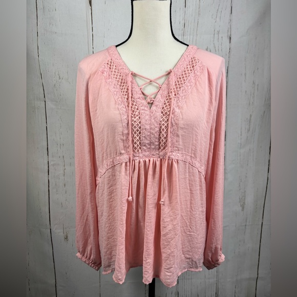 a.n.a. A New Approach Pink Romantic Blouse Crochet Lace Long Sleeve V-Neck Tie - Picture 1 of 6